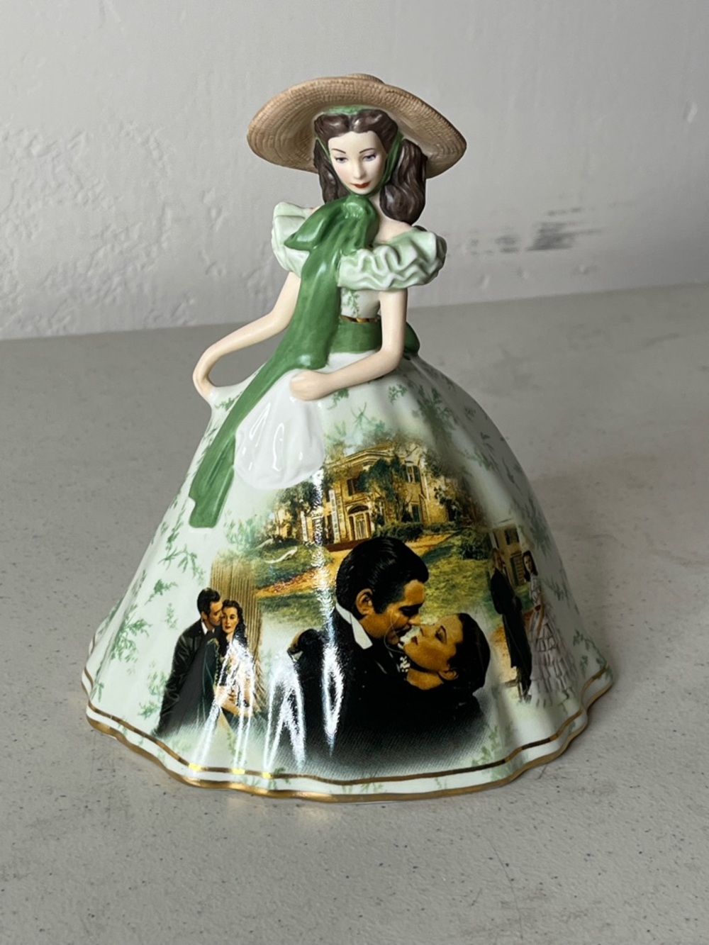 The Bradford Exchange Green and White Porcelain Lady Bell with Scenic Romance